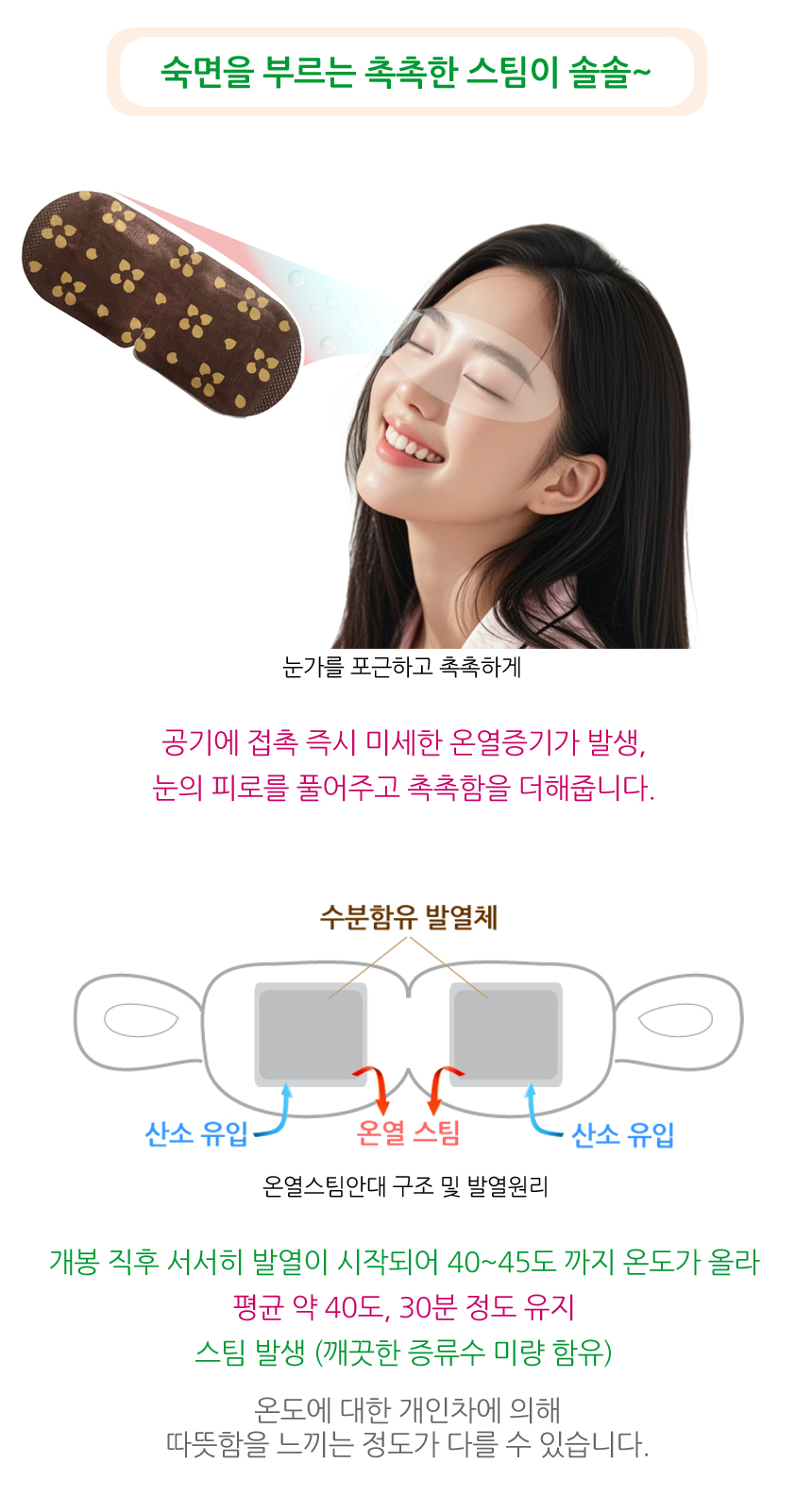 숙면을 부르는 촉촉한 스팀이 솔솔. 눈가를 포근하고 촉촉하게. 공기에 접촉 즉시 미세한 온열증기가 발생, 눈의 피로를 풀어주고 촉촉함을 더해줍니다. 온열스팀안대 구조 및 발열원리. 개봉 직후 서서히 발열이 시작되어 40~45도까지 온도가 올라 평균 약 40도, 30분 정도 유지. 온도에 대한 개인차에 의해 따뜻함을 느끼는 정도가 다를 수 있습니다.