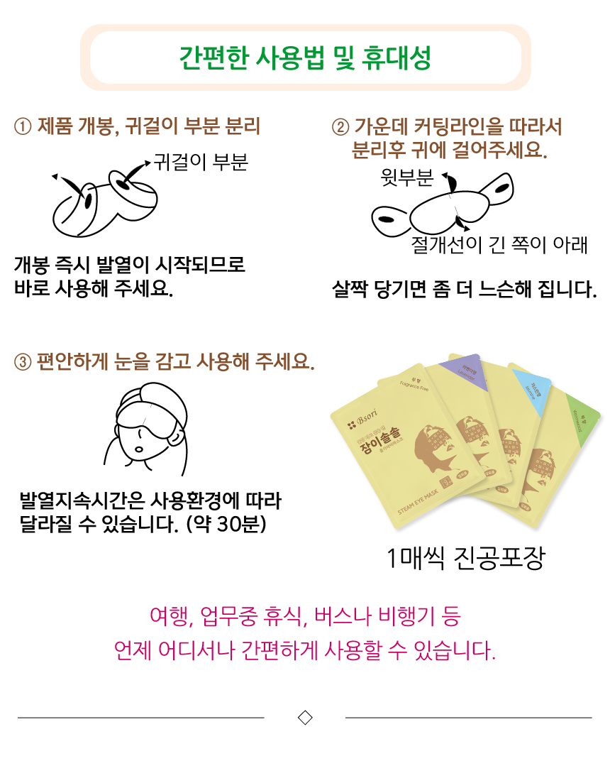 귀걸이 부분을 분리하고 바로 착용하면 되는 간편한 사용법. 1매씩 진공포장되어 여행, 업무중 휴식, 버스나 비행기 등 언제 어디서나 간편하게 사용할 수 있습니다.