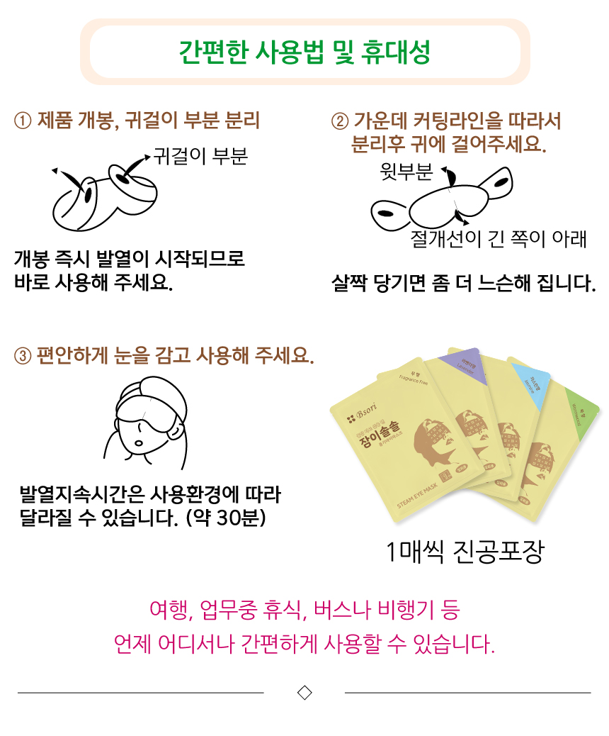 귀걸이 부분을 분리하고 바로 착용하면 되는 간편한 사용법. 1매씩 진공포장되어 여행, 업무중 휴식, 버스나 비행기 등 언제 어디서나 간편하게 사용할 수 있습니다.