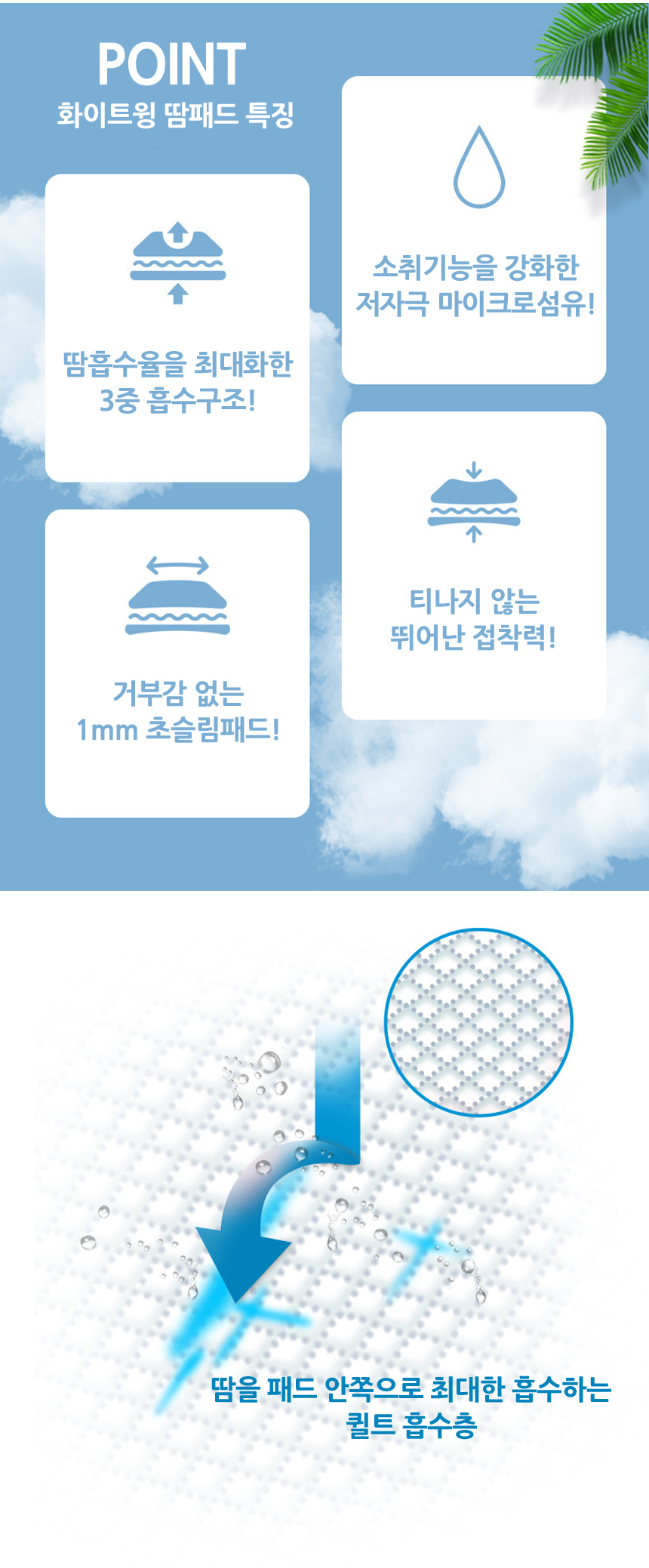 화이트윙 겨땀패드 특징. 땀흡수율을 최대화한 3중 흡수구조. 소취기능을 강화한 저자극 마이크로섬유. 거부감 없는 1mm 초슬림패드. 티나지 않는 뛰어난 접착력. 땀을 패드 안쪽으로 최대한 흡수하는 퀄트흡수층이 있습니다.