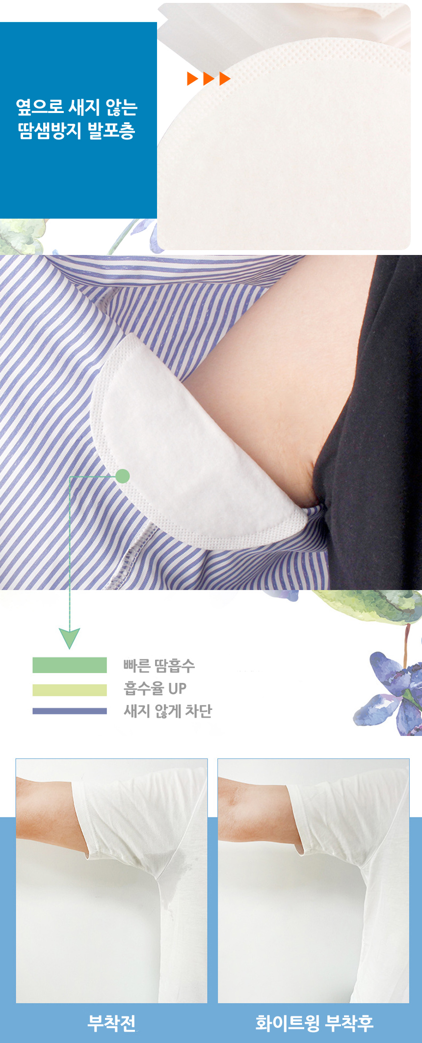 땀샘방지 발포층이 테두리에 있어 옆으로 땀이 새지 않습니다. 화이트윙 겨땀패드를 의류에 부착하면 땀자국 없이 깔끔한 코디가 가능합니다.